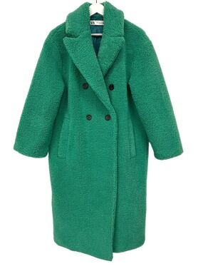 Zara Teddy Bear Coat Green Double Breasted Long Oversized Medium NWOT